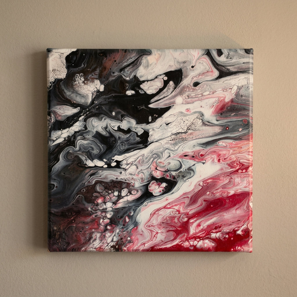 An abstract fluid acrylic pour painting on a square canvas, featuring swirls of black, white, gray, and vibrant red, hung on a beige wall.